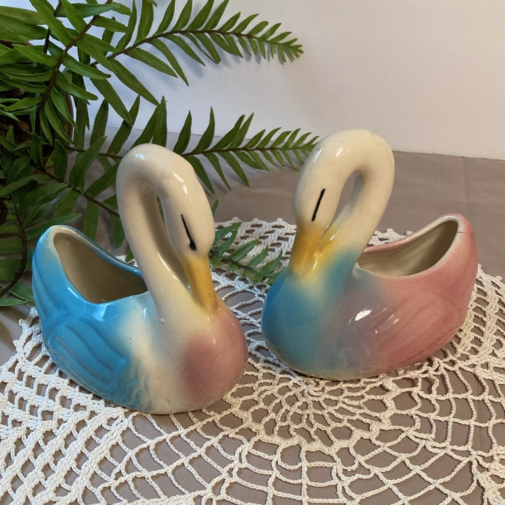 Vintage Shawnee Pottery Swan Planters Pastel